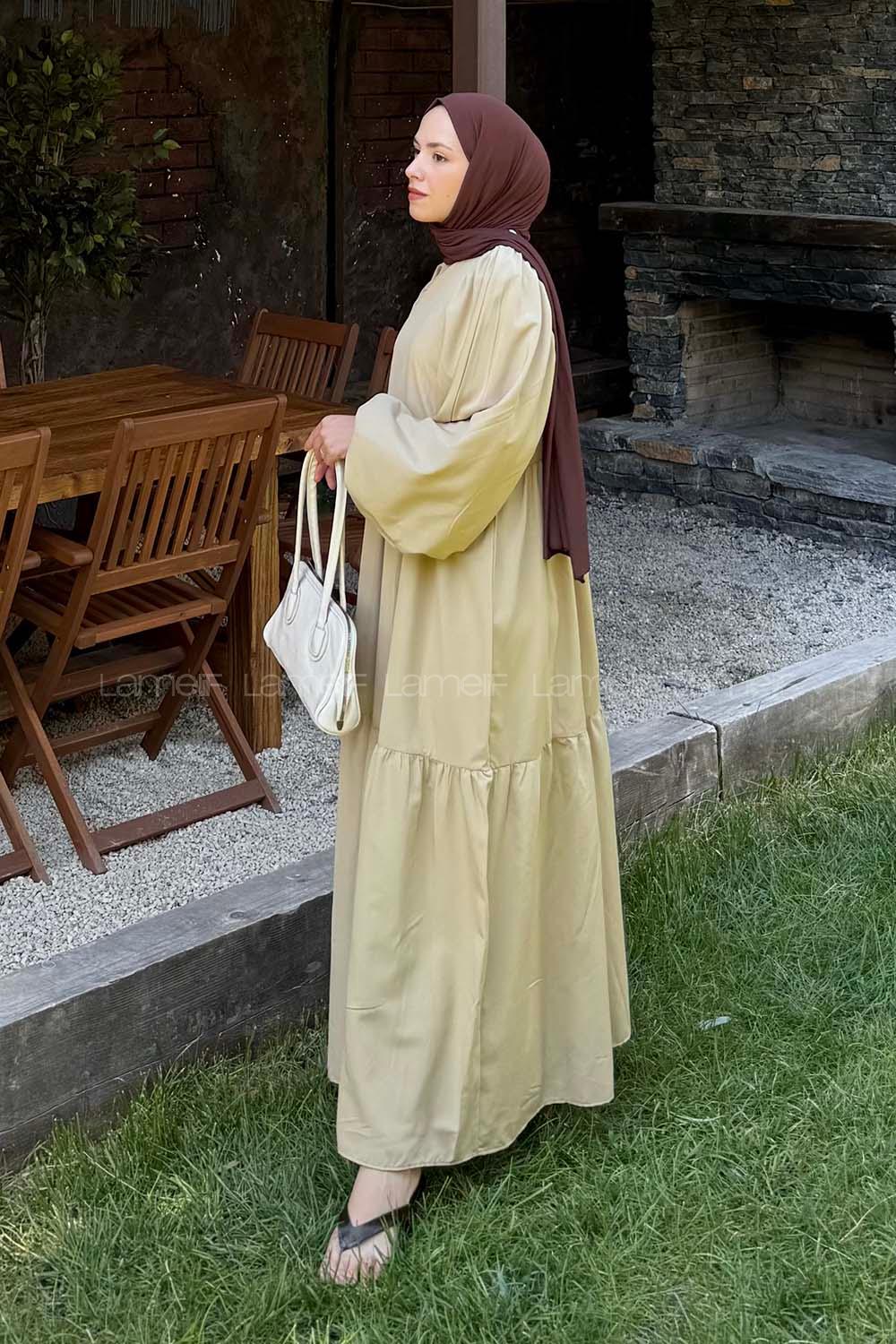 Lamelif Balon Kol Katlı Tesettür Elbise Taş Rengi