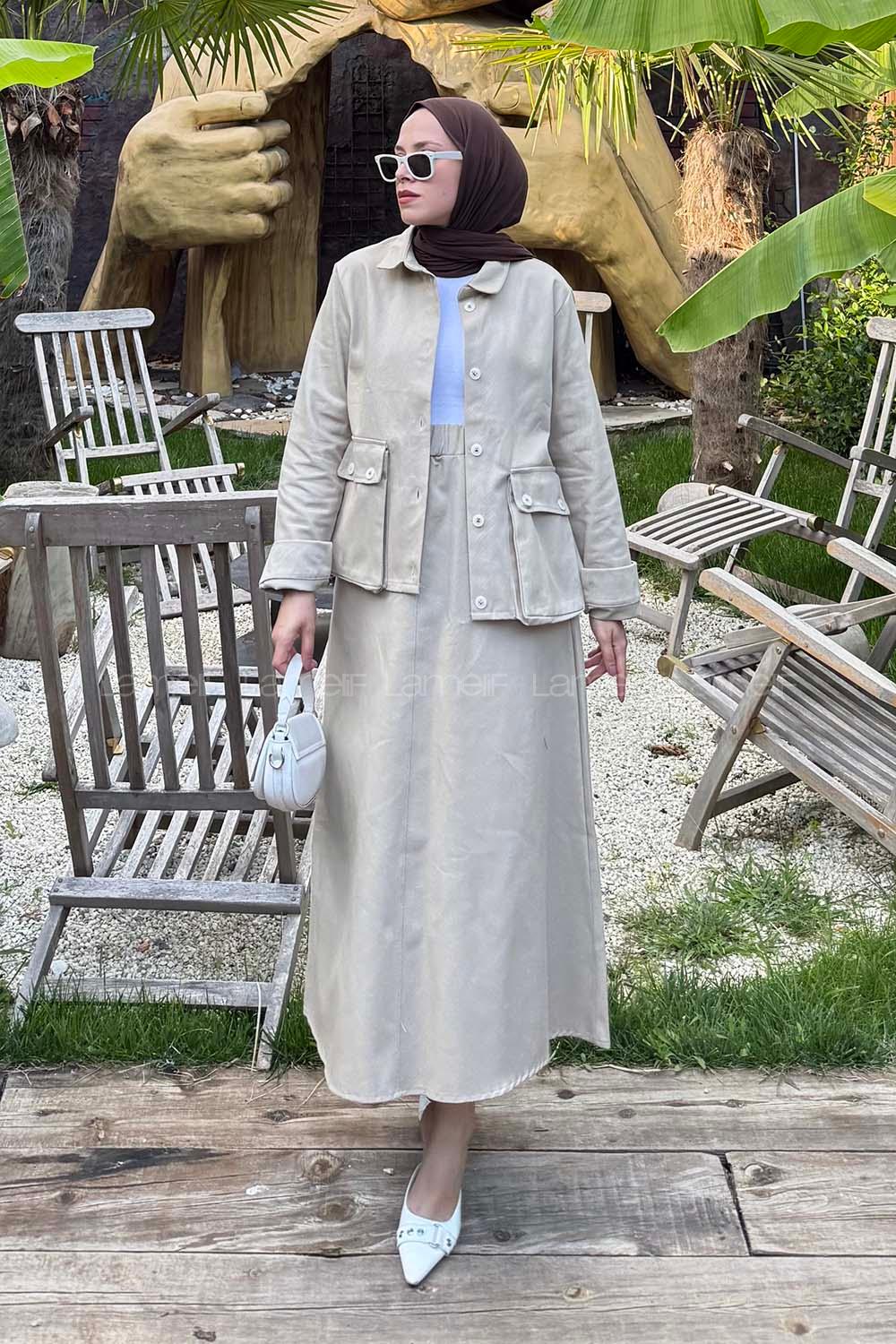 Lamelif Cep Detaylı İkili Etek  Tesettür Takım Bej