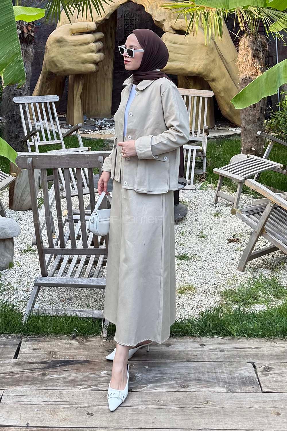 Lamelif Cep Detaylı İkili Etek  Tesettür Takım Bej