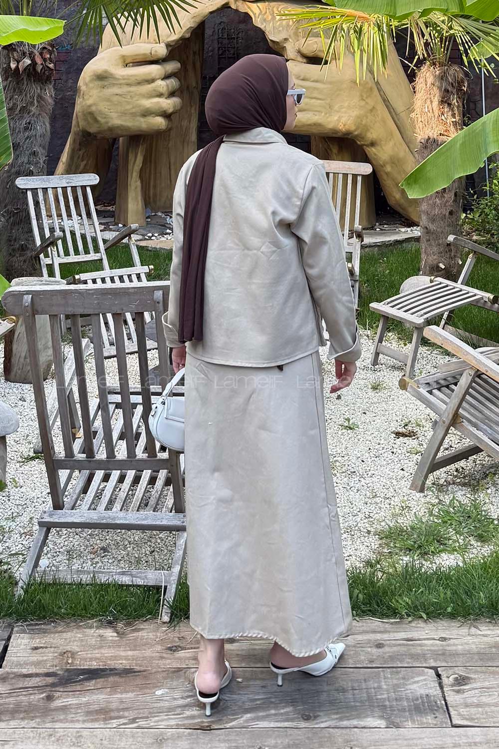 Lamelif Cep Detaylı İkili Etek  Tesettür Takım Bej