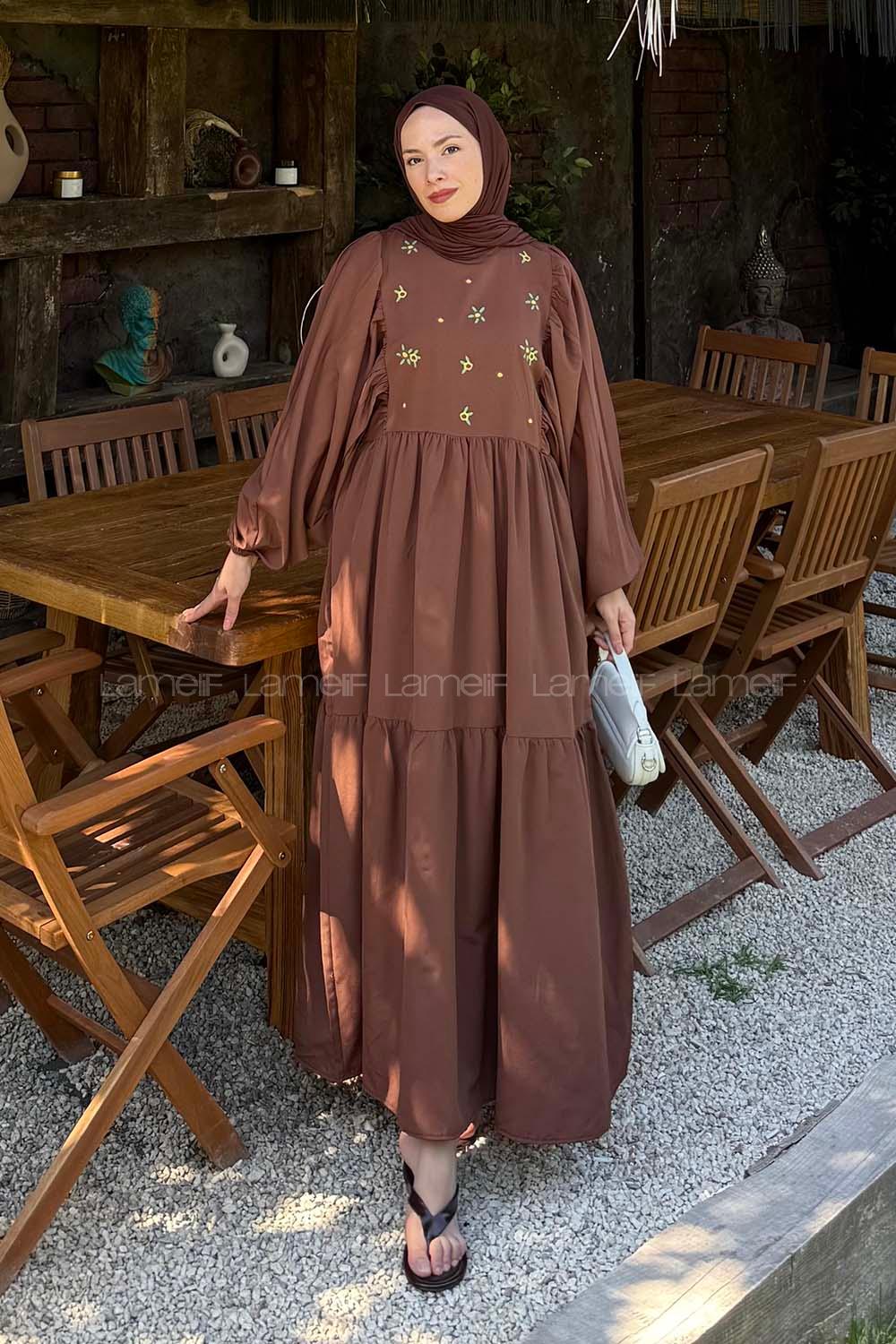 Lamelif Elica Tesettür Elbise Acı Kahve