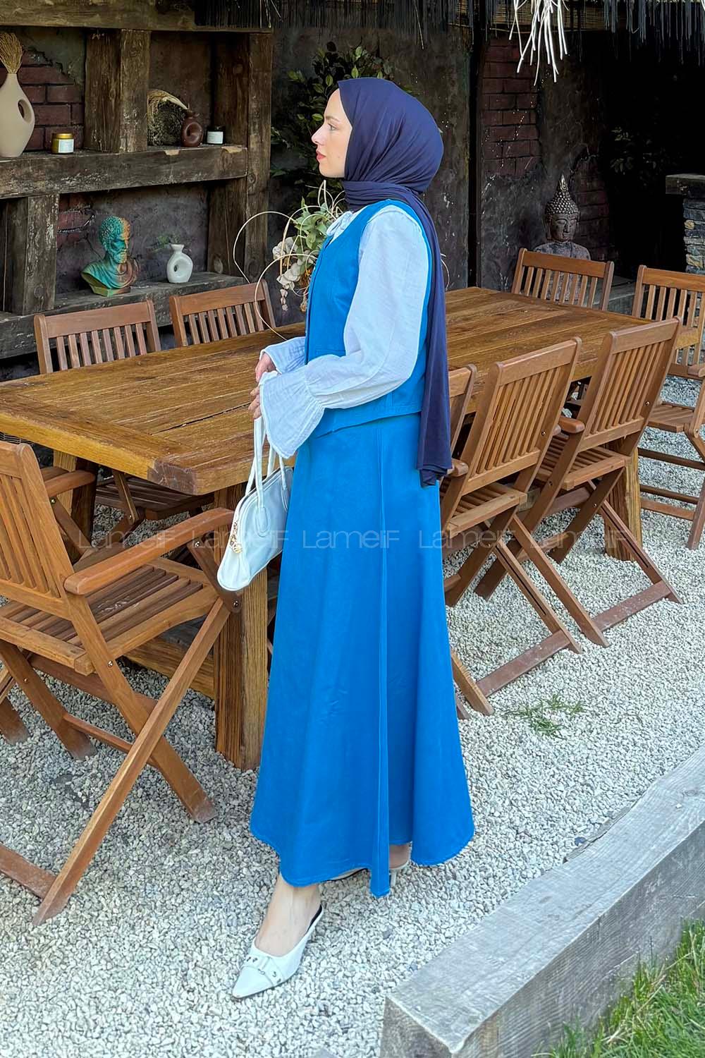 Lamelif Gabardin Yelek-Etek İkili Tesettür Takım Mavi