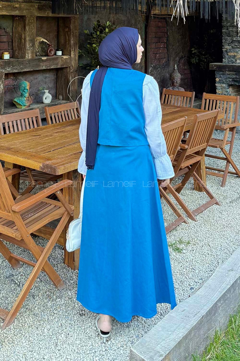 Lamelif Gabardin Yelek-Etek İkili Tesettür Takım Mavi