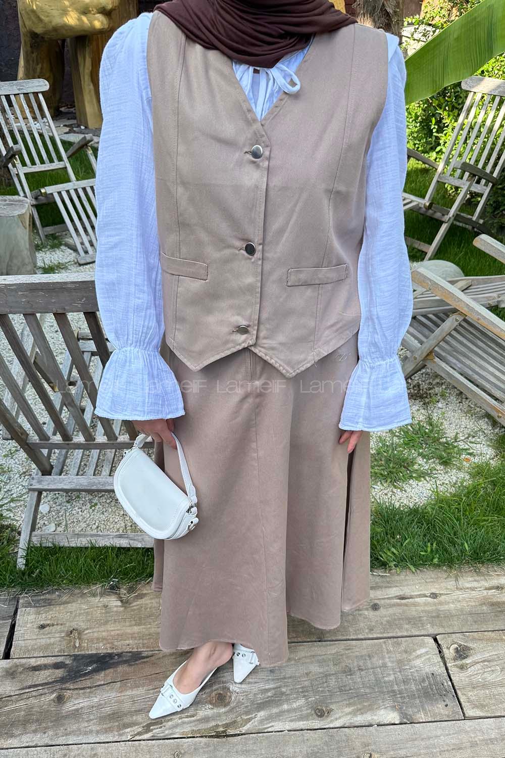 Lamelif Gabardin Yelek-Etek İkili Tesettür Takım Soft Kahve