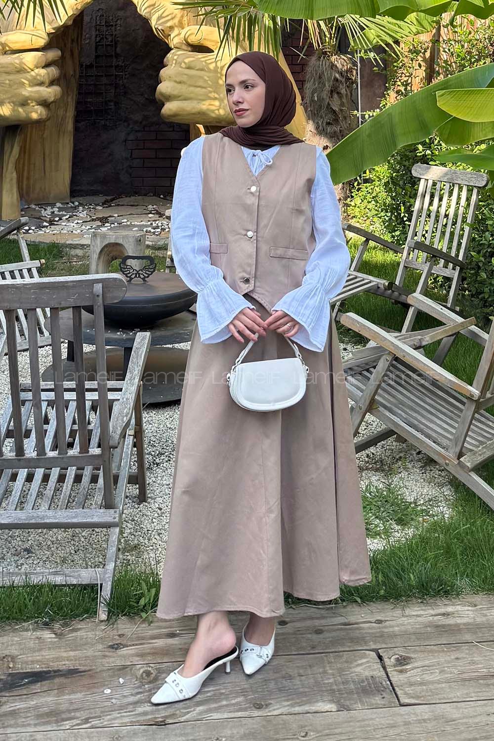 Lamelif Gabardin Yelek-Etek İkili Tesettür Takım Soft Kahve