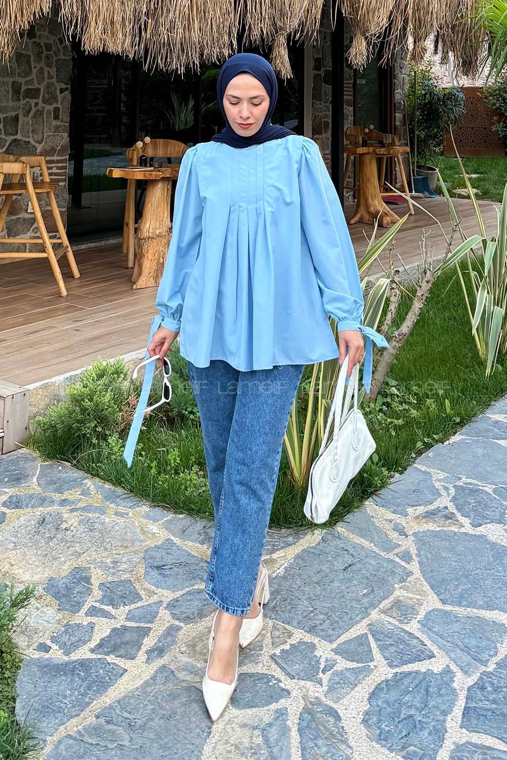 Lamelif Kolu Bağlamalı Pileli Bluz Bebe Mavisi