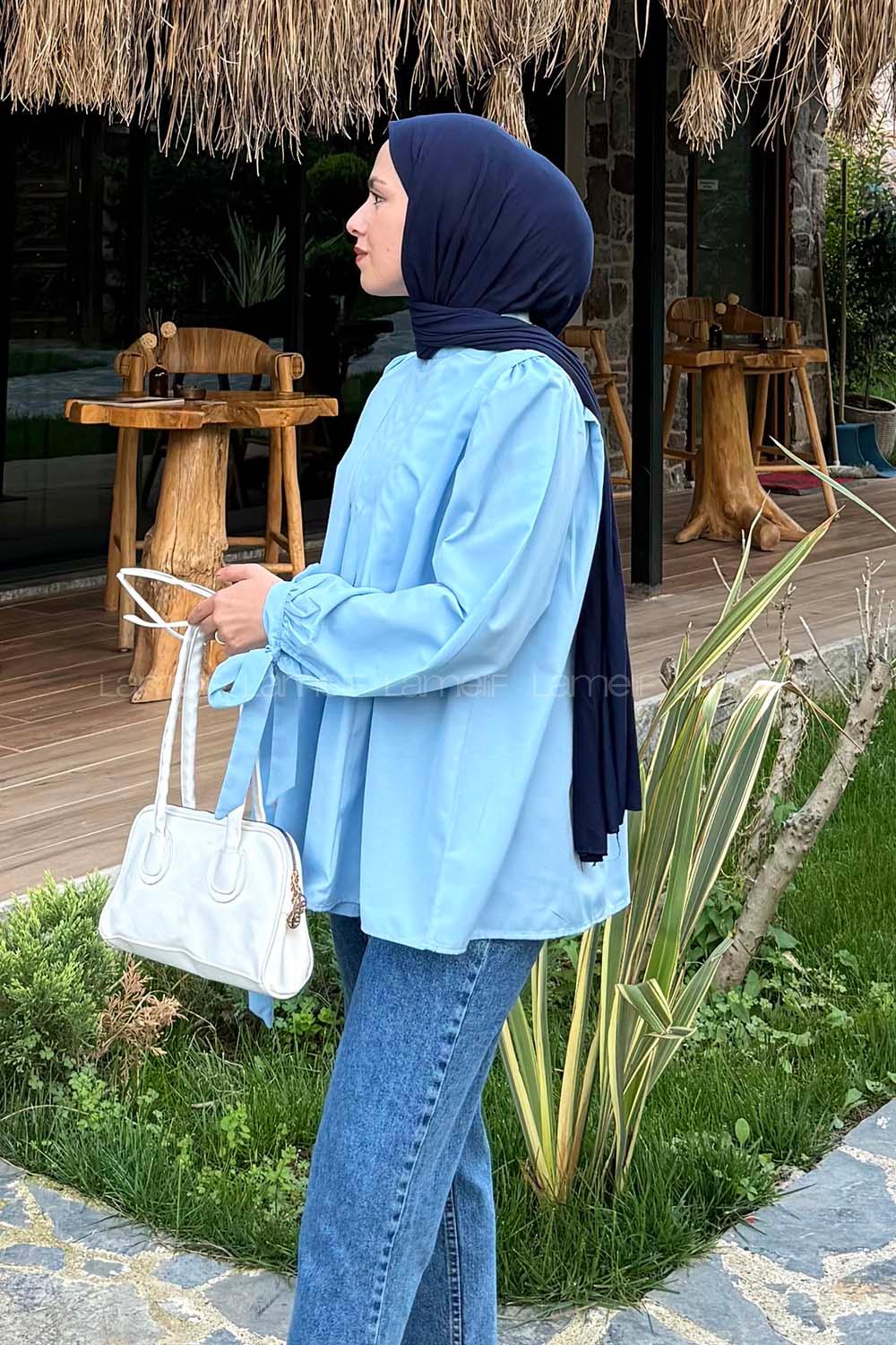 Lamelif Kolu Bağlamalı Pileli Bluz Bebe Mavisi