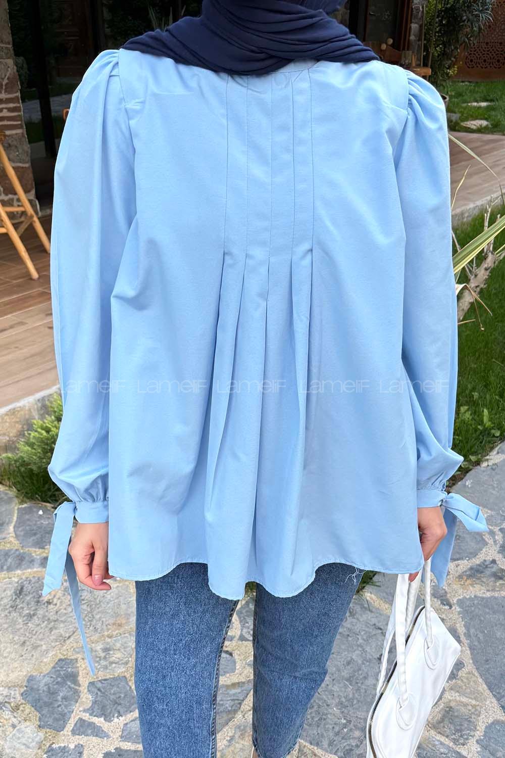 Lamelif Kolu Bağlamalı Pileli Bluz Bebe Mavisi