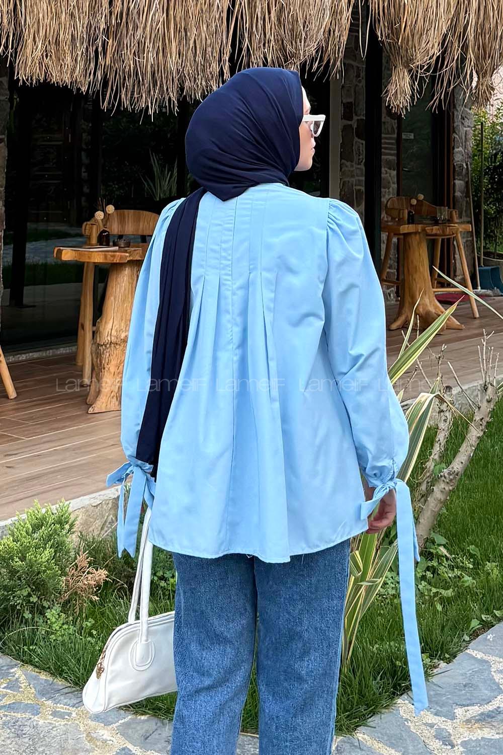 Lamelif Kolu Bağlamalı Pileli Bluz Bebe Mavisi