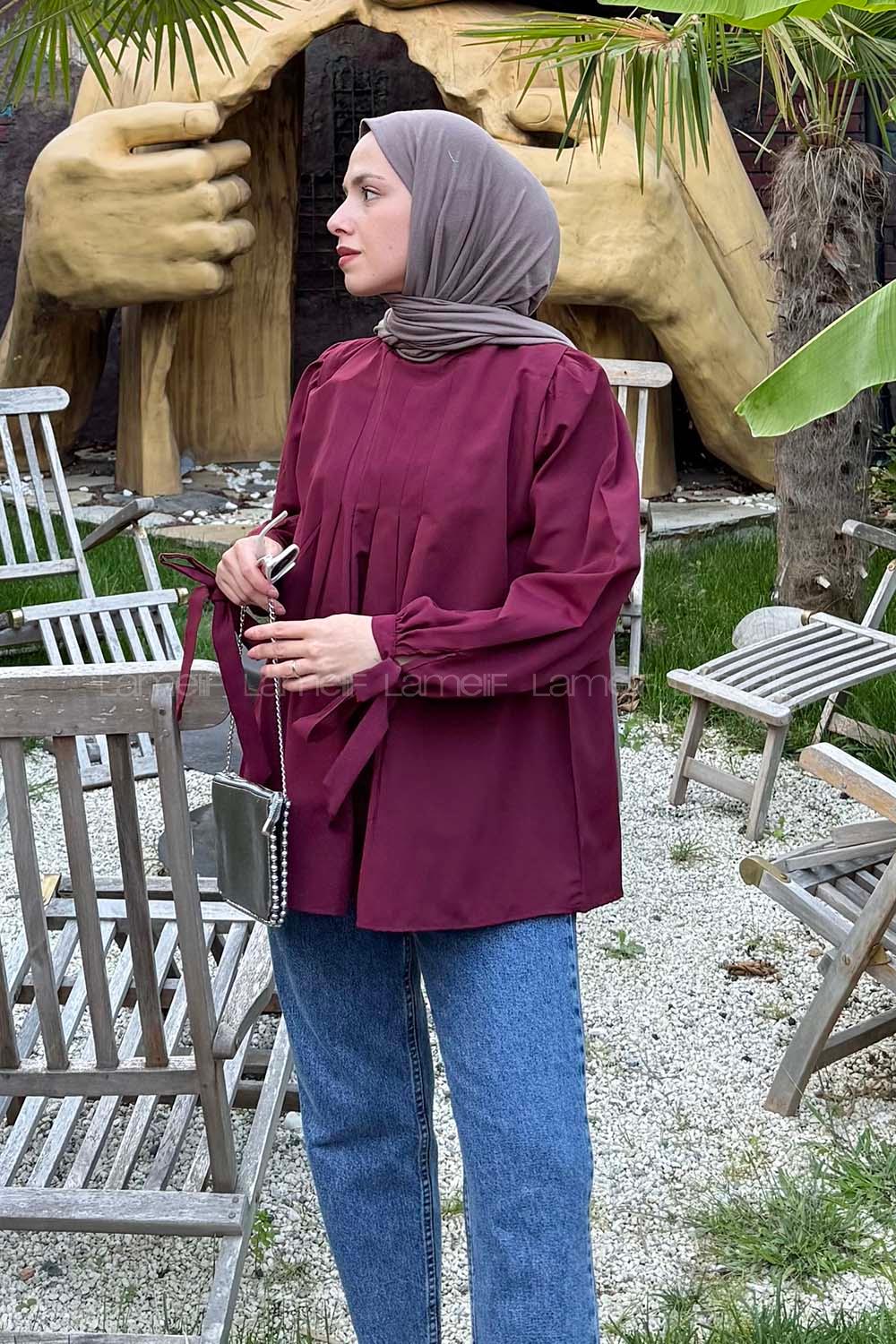 Lamelif Kolu Bağlamalı Pileli Bluz Bordo