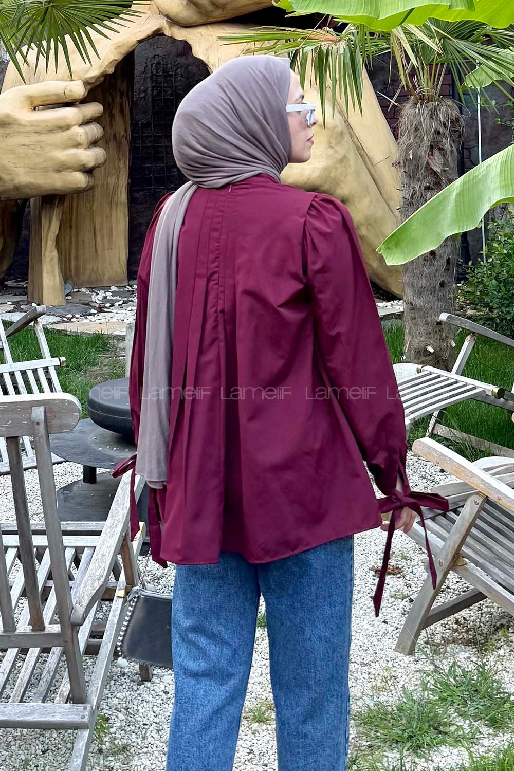 Lamelif Kolu Bağlamalı Pileli Bluz Bordo