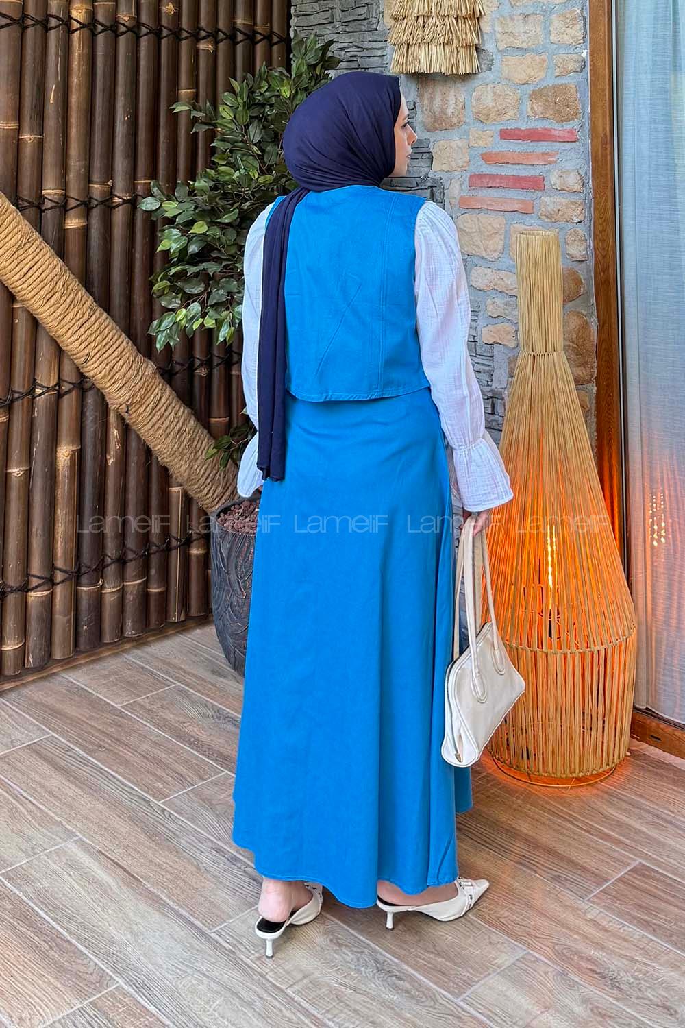 Lamelif Kruvaze Kapama Gabardin Takım Mavi