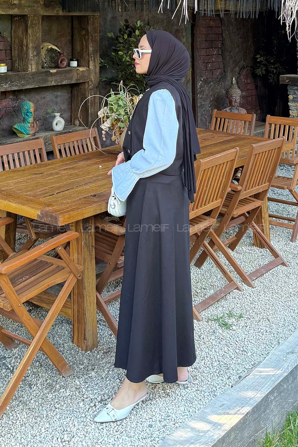 Lamelif Kruvaze Kapama Gabardin Takım Siyah