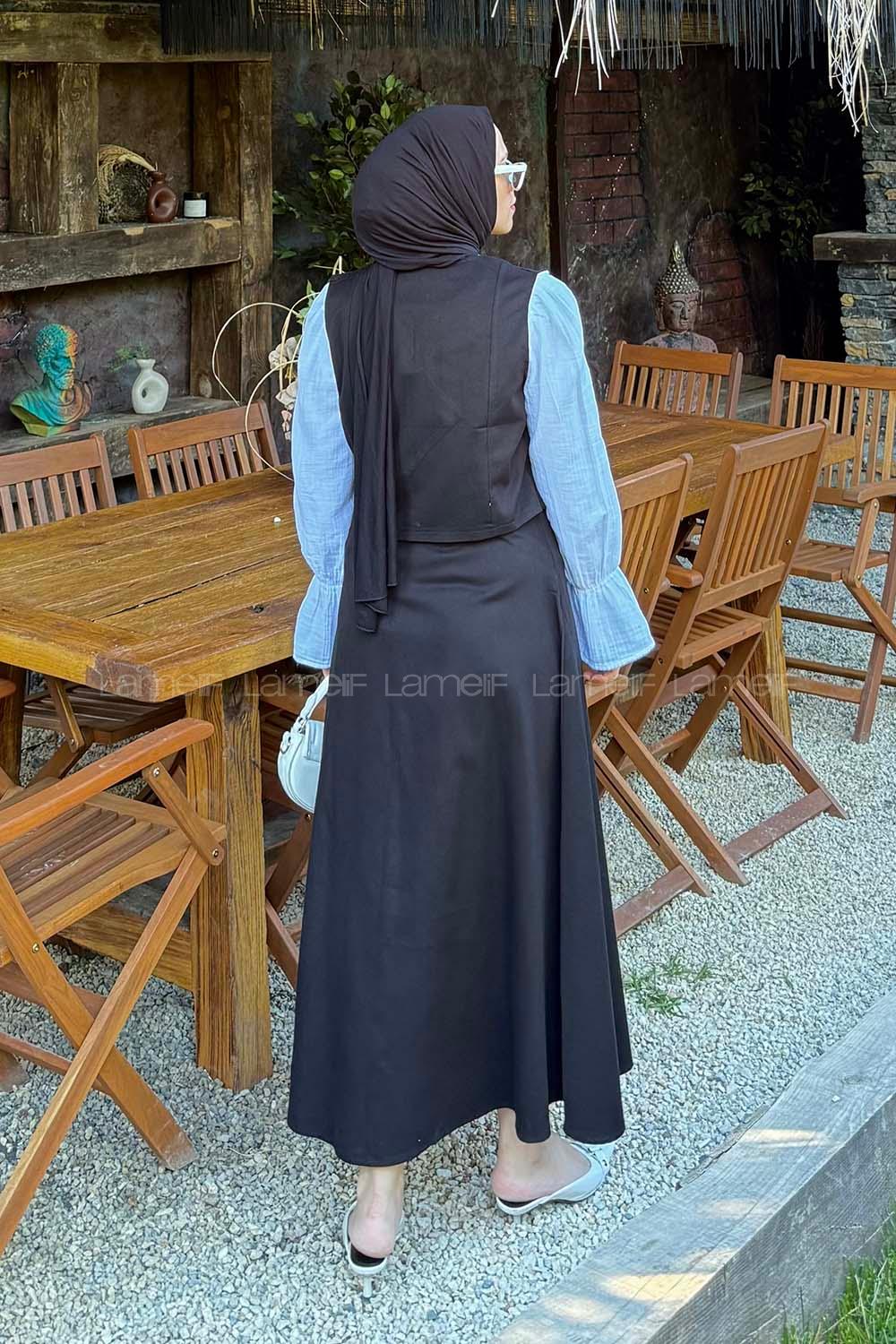 Lamelif Kruvaze Kapama Gabardin Takım Siyah