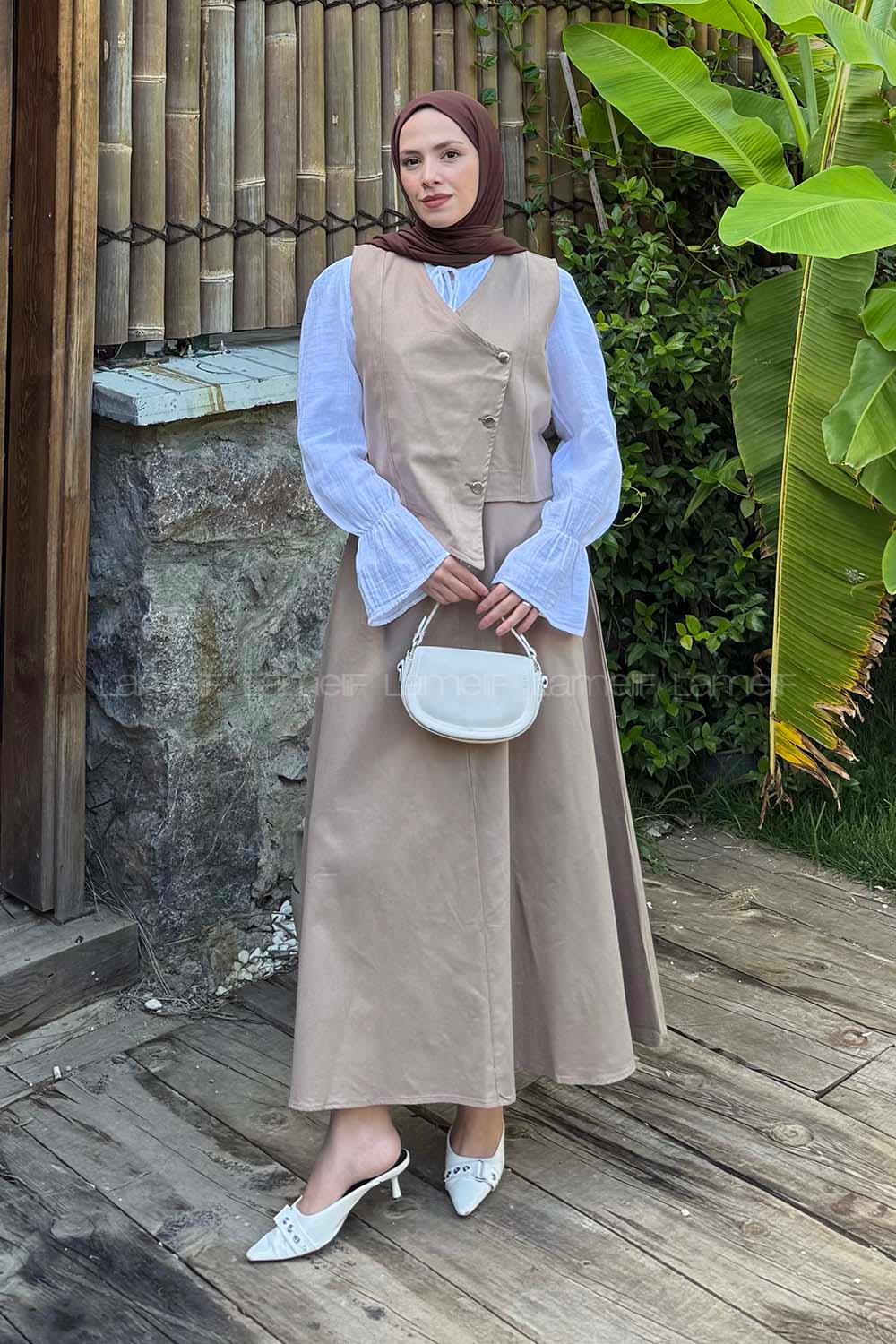 Lamelif Kruvaze Kapama Gabardin Takım Soft Kahve