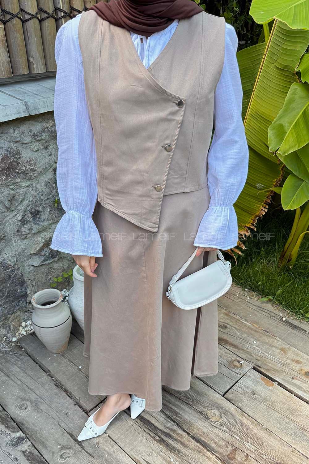 Lamelif Kruvaze Kapama Gabardin Takım Soft Kahve