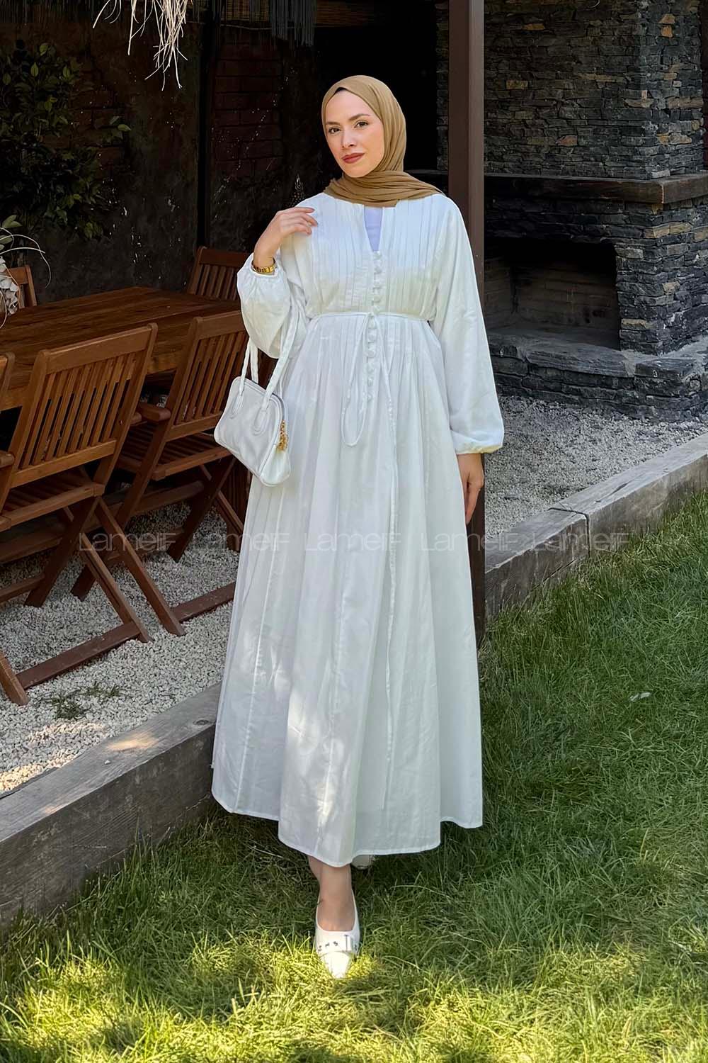 Lamelif Nervürlü Vual Tesettür Elbise Beyaz