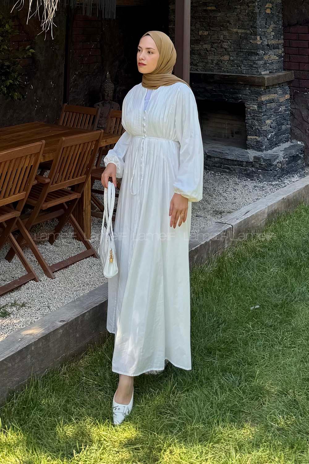 Lamelif Nervürlü Vual Tesettür Elbise Beyaz