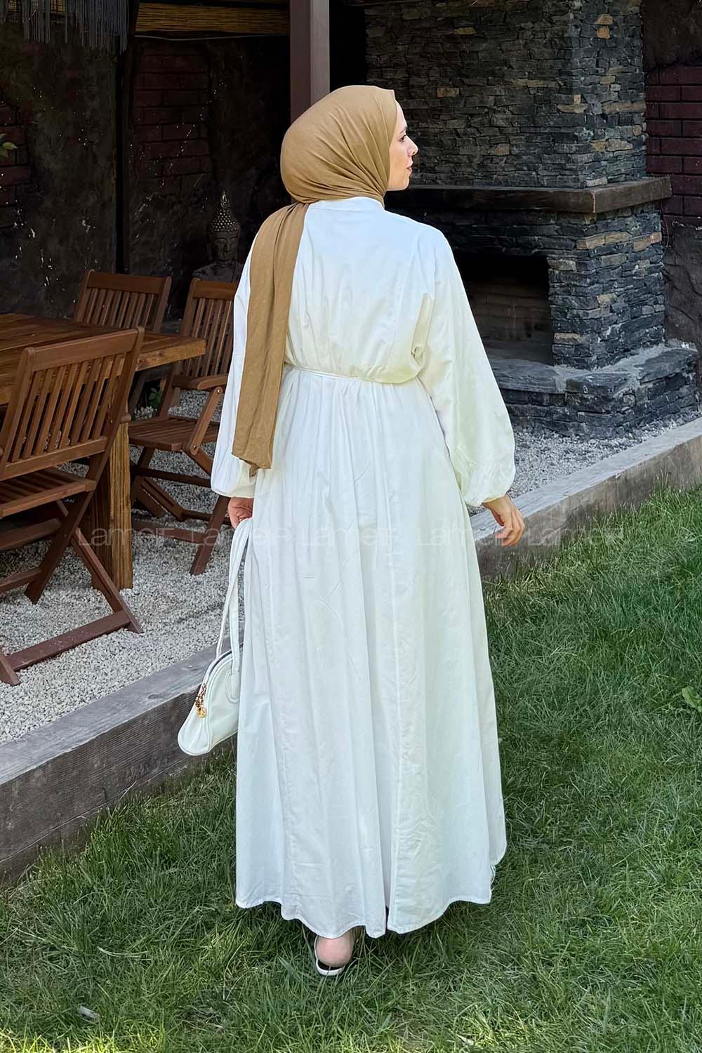 Lamelif Nervürlü Vual Tesettür Elbise Beyaz