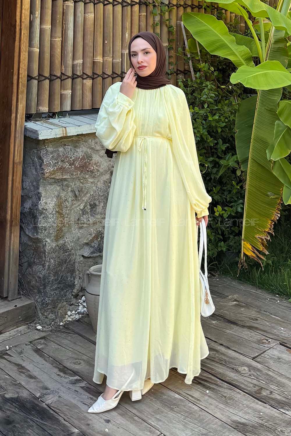 Lamelif Şifon Tesettür Elbise Sarı