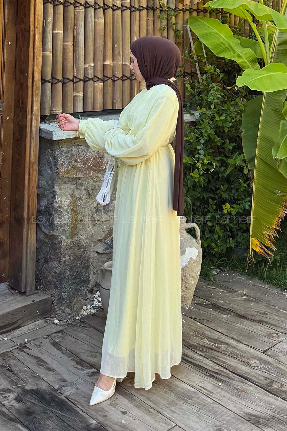 Lamelif Şifon Tesettür Elbise Sarı