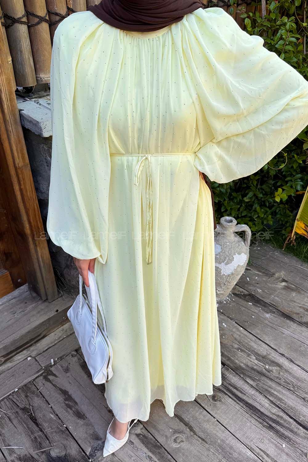 Lamelif Şifon Tesettür Elbise Sarı