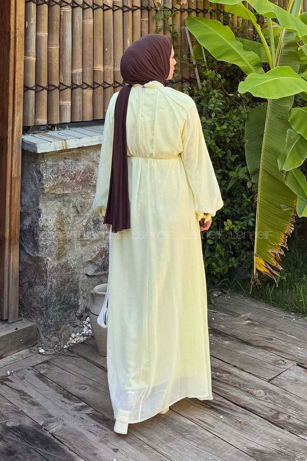 Lamelif Şifon Tesettür Elbise Sarı