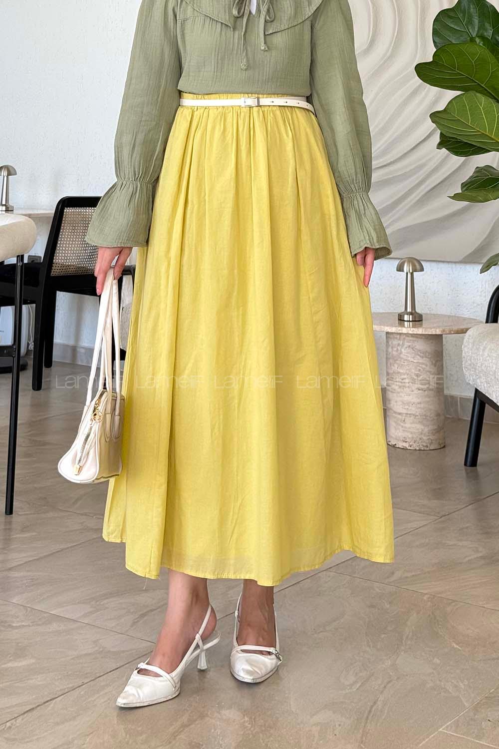 Lamelif Vual Kemerli Tesettür Etek Sarı