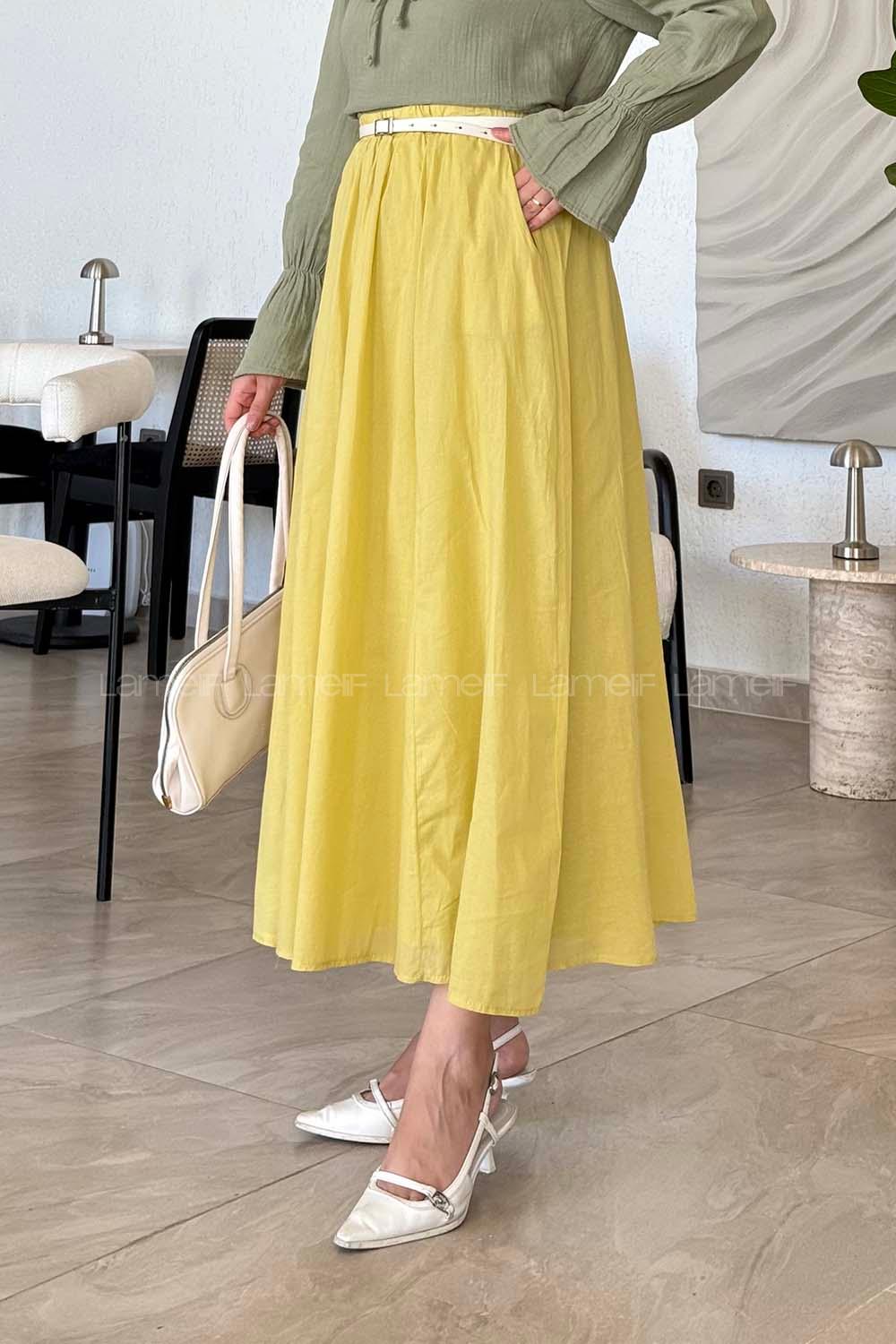 Lamelif Vual Kemerli Tesettür Etek Sarı