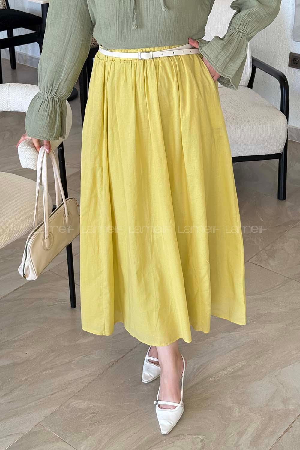 Lamelif Vual Kemerli Tesettür Etek Sarı