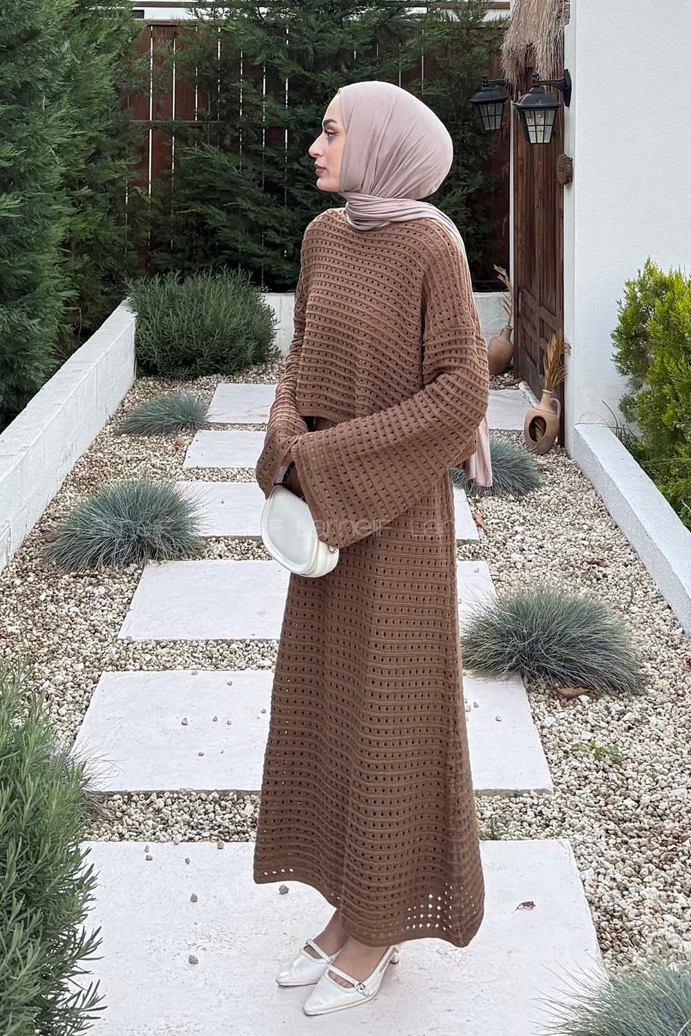Lamelif Ajurlu Triko Tesettür Takım Kahve