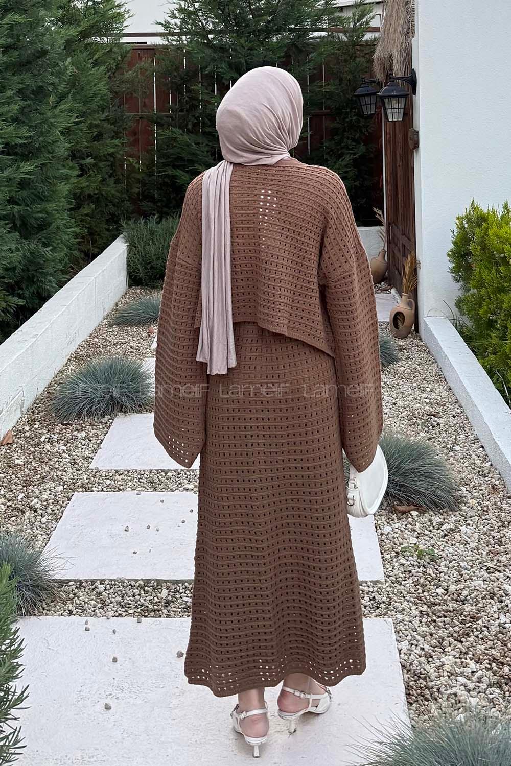 Lamelif Ajurlu Triko Tesettür Takım Kahve