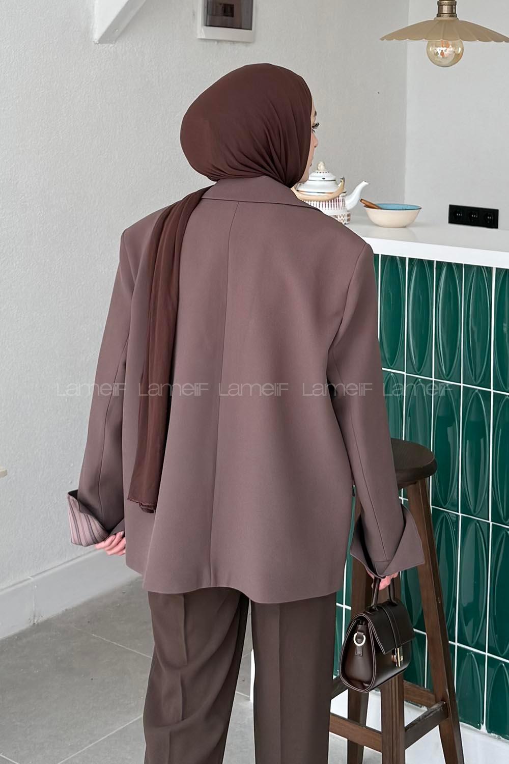 Lamelif Astarı Çizgili Atlas Ceket Kahverengi