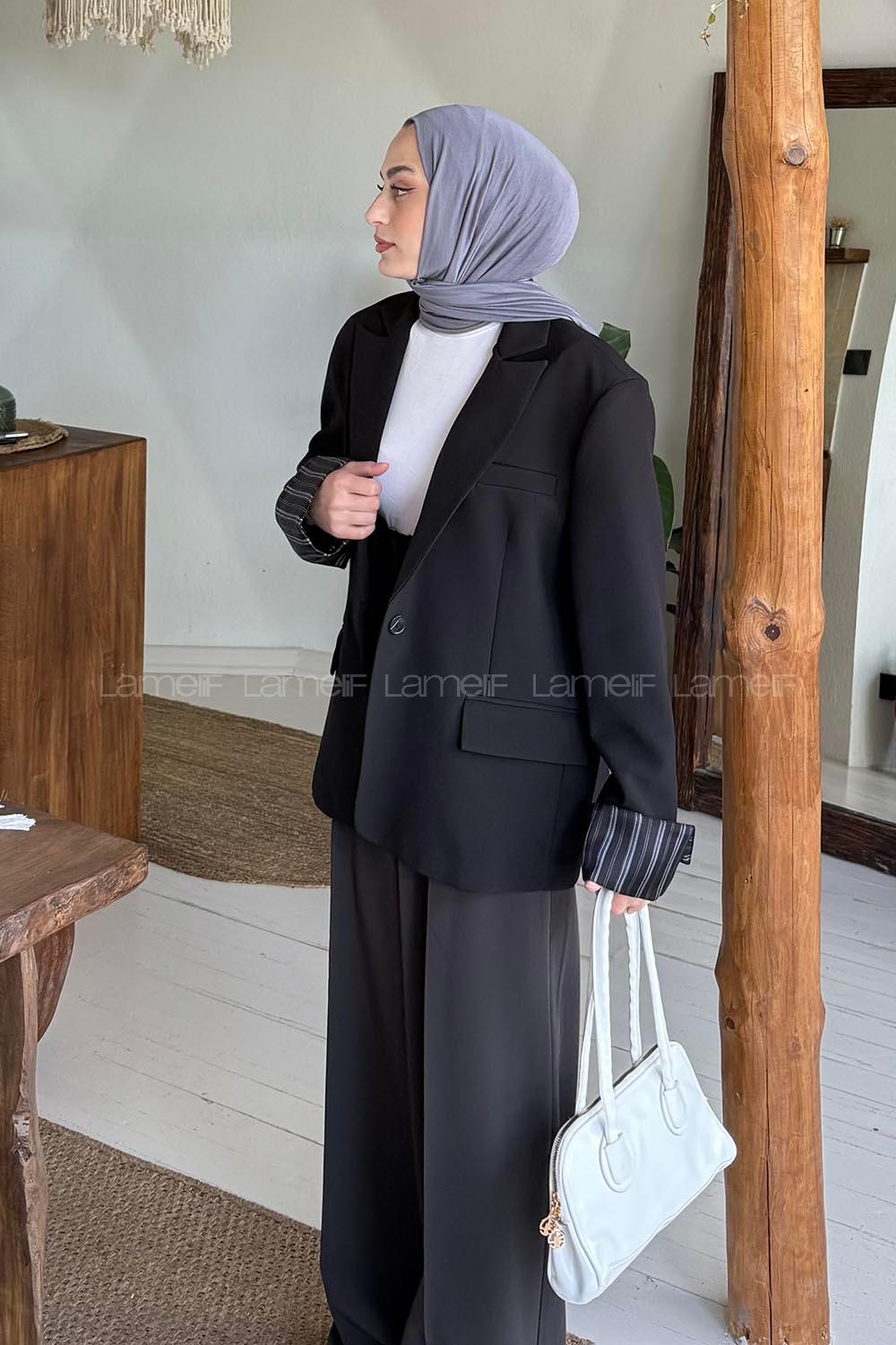 Lamelif Astarı Çizgili Atlas Ceket Siyah