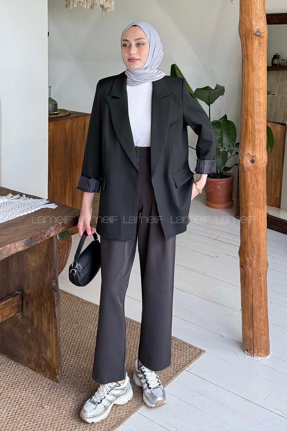 Lamelif Çizgili Astarlı Tesettür Ceket Siyah