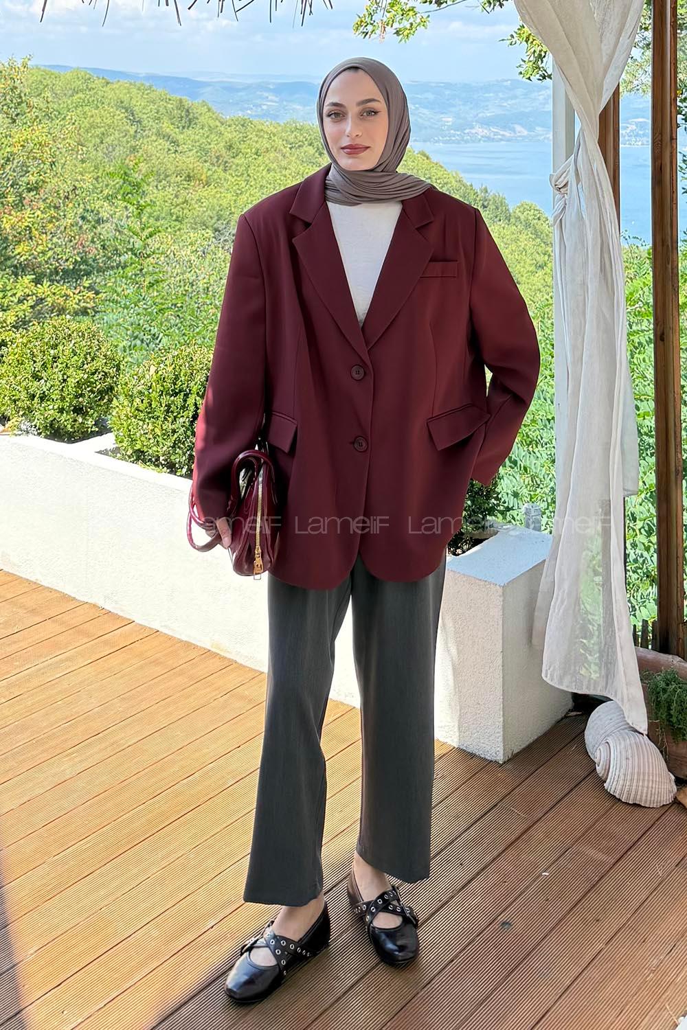 Lamelif Dekoratif Cep Detaylı Tesettür Ceket Bordo