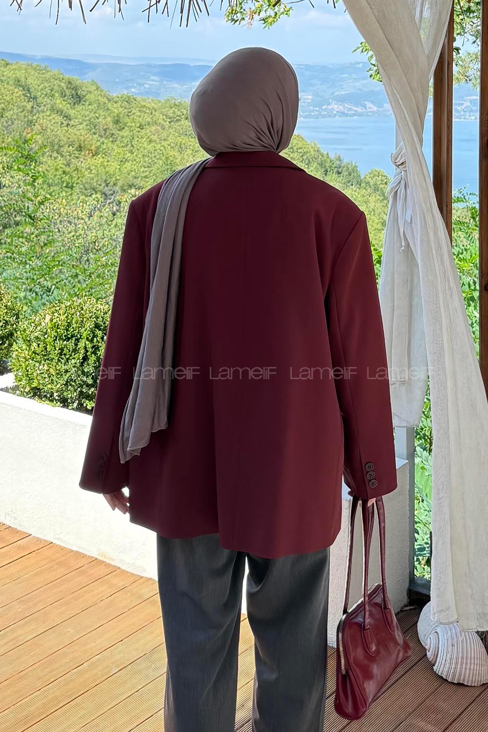 Lamelif Dekoratif Cep Detaylı Tesettür Ceket Bordo