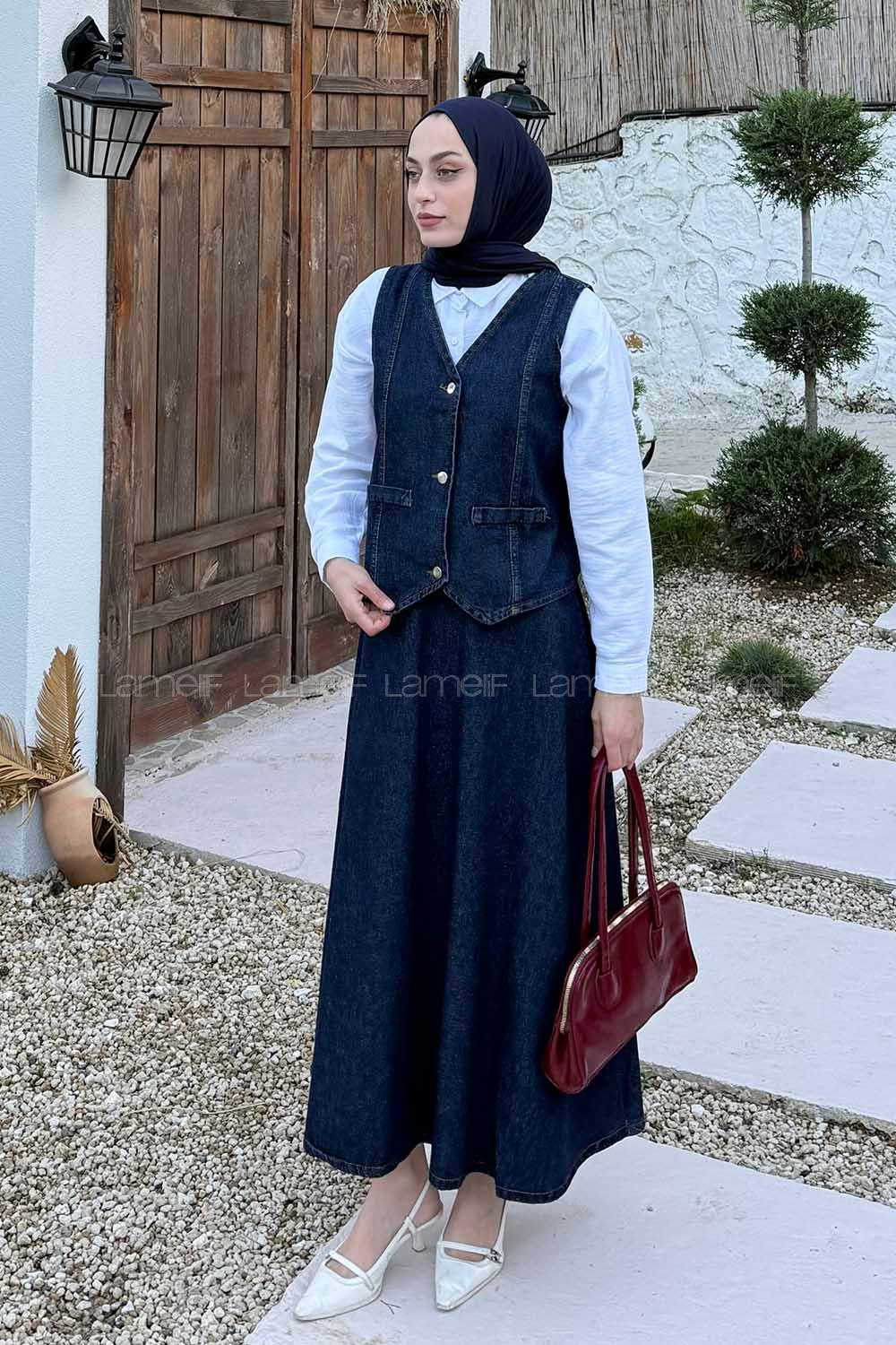 Lamelif Denim Yelek-Etek İkili Tesettür Takım Koyu Yıkama Mavi