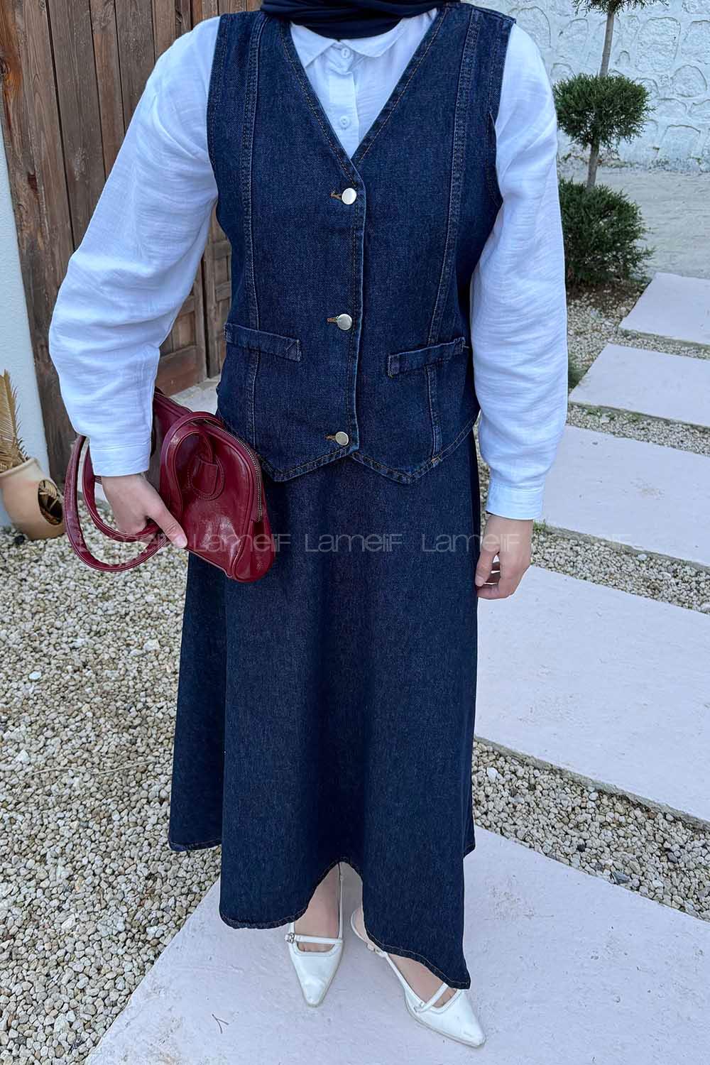 Lamelif Denim Yelek-Etek İkili Tesettür Takım Koyu Yıkama Mavi