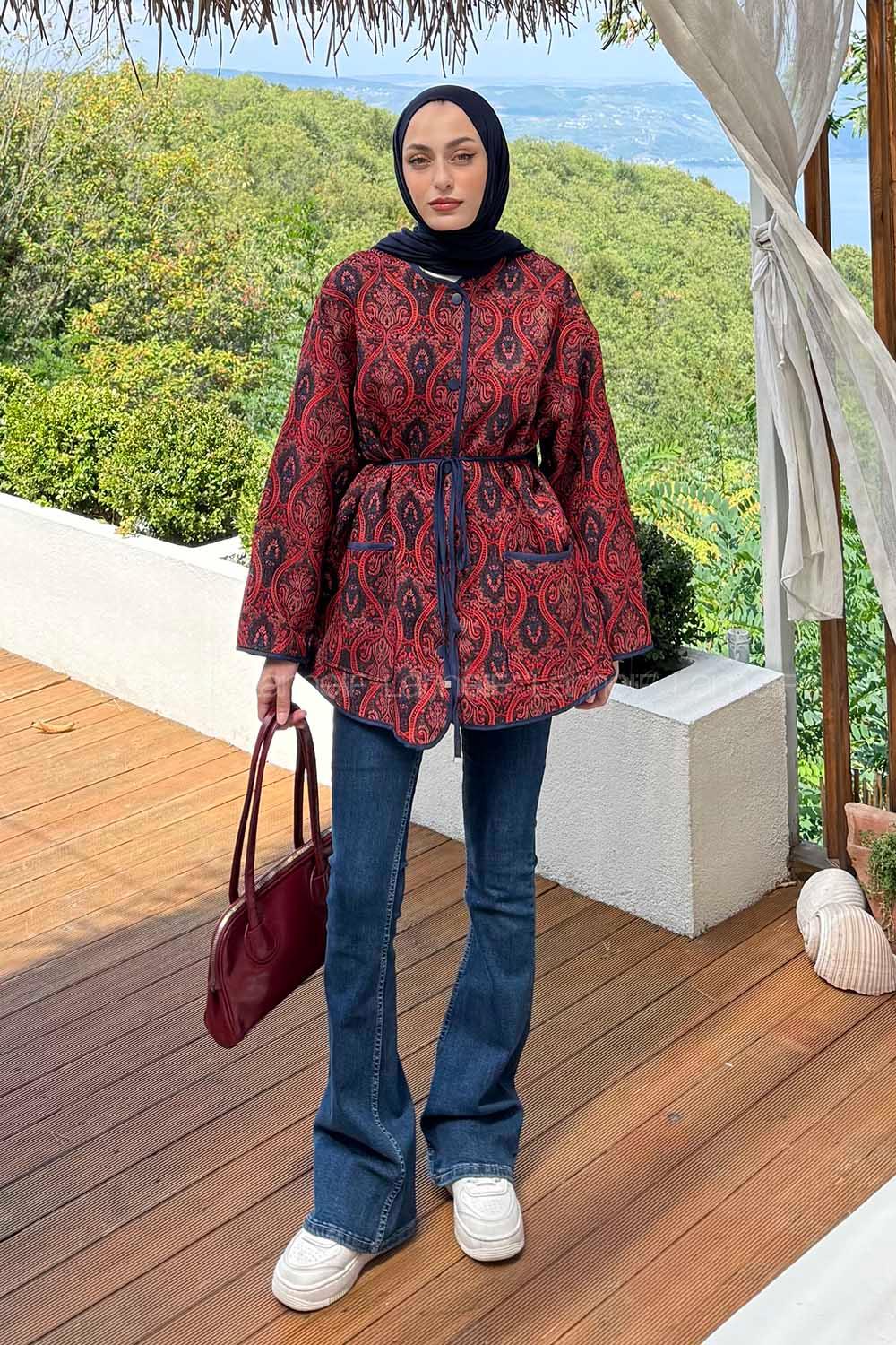 Lamelif Etnik Desenli Biyeli Ceket Rengarenk