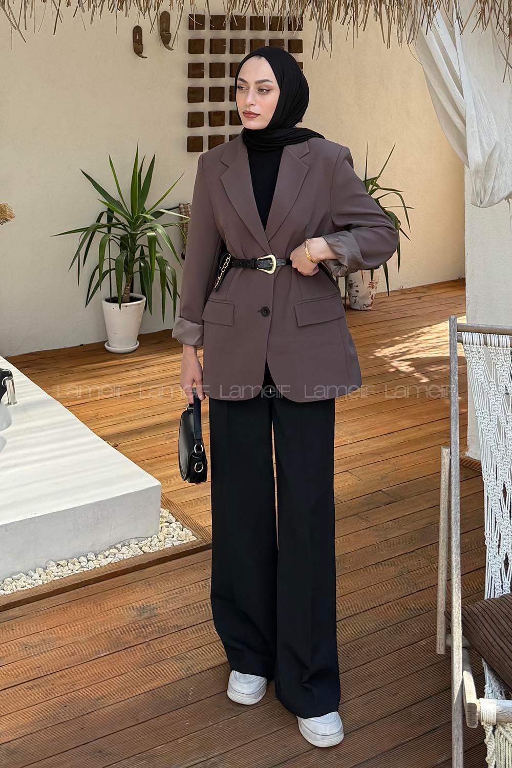 Lamelif Kemer Detaylı Atlas Ceket Kahverengi