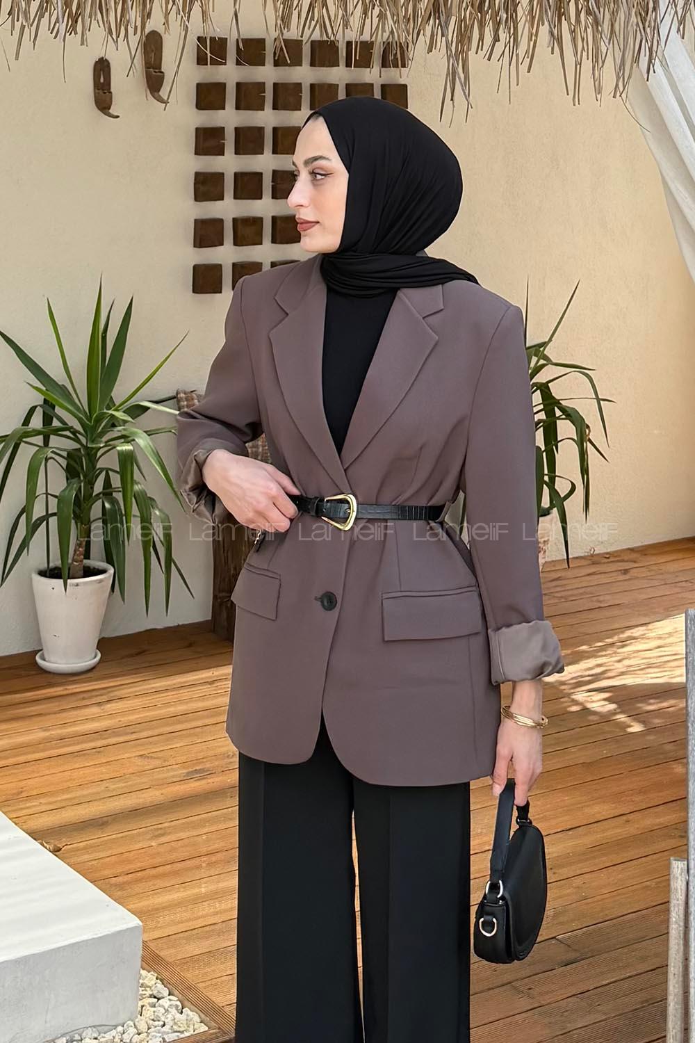 Lamelif Kemer Detaylı Atlas Ceket Kahverengi