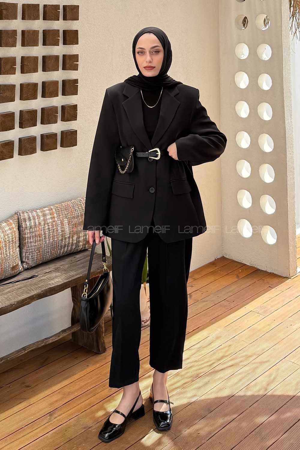 Lamelif Kemer Detaylı Atlas Ceket Siyah