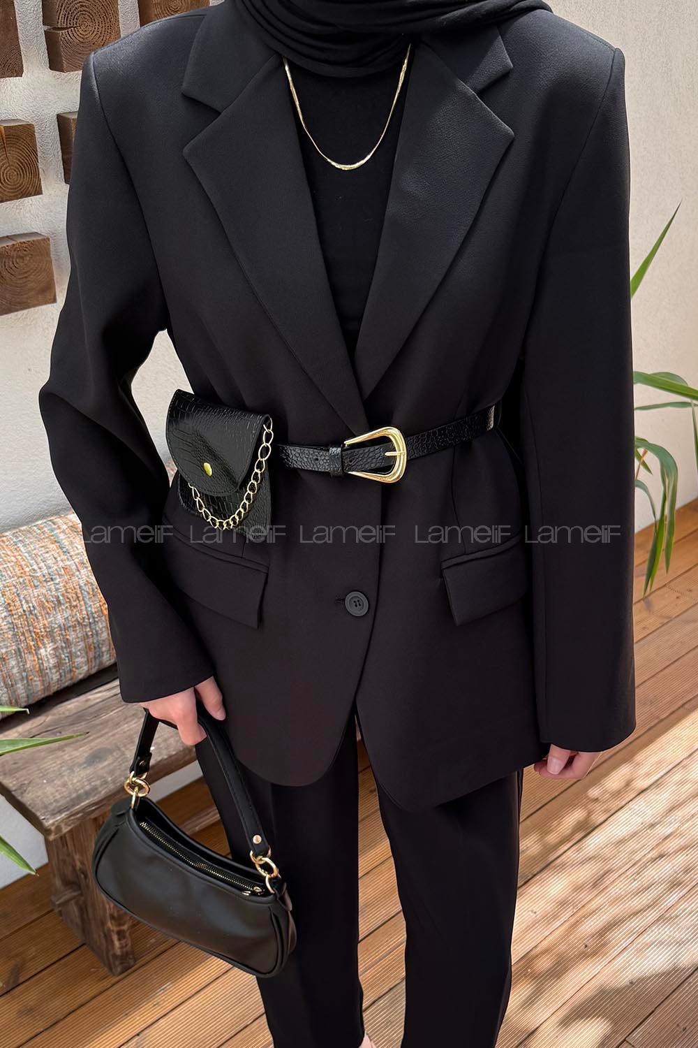 Lamelif Kemer Detaylı Atlas Ceket Siyah