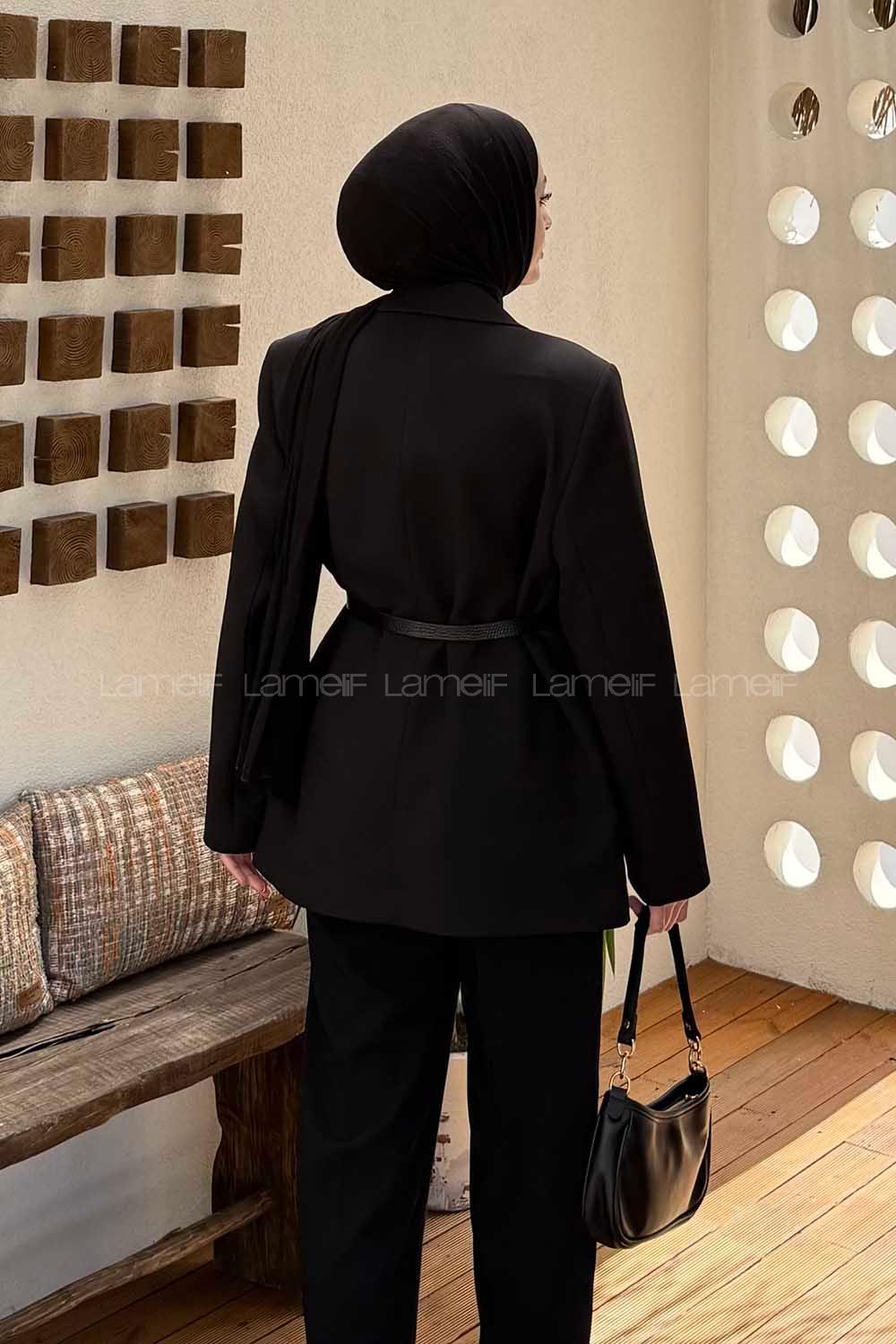Lamelif Kemer Detaylı Atlas Ceket Siyah