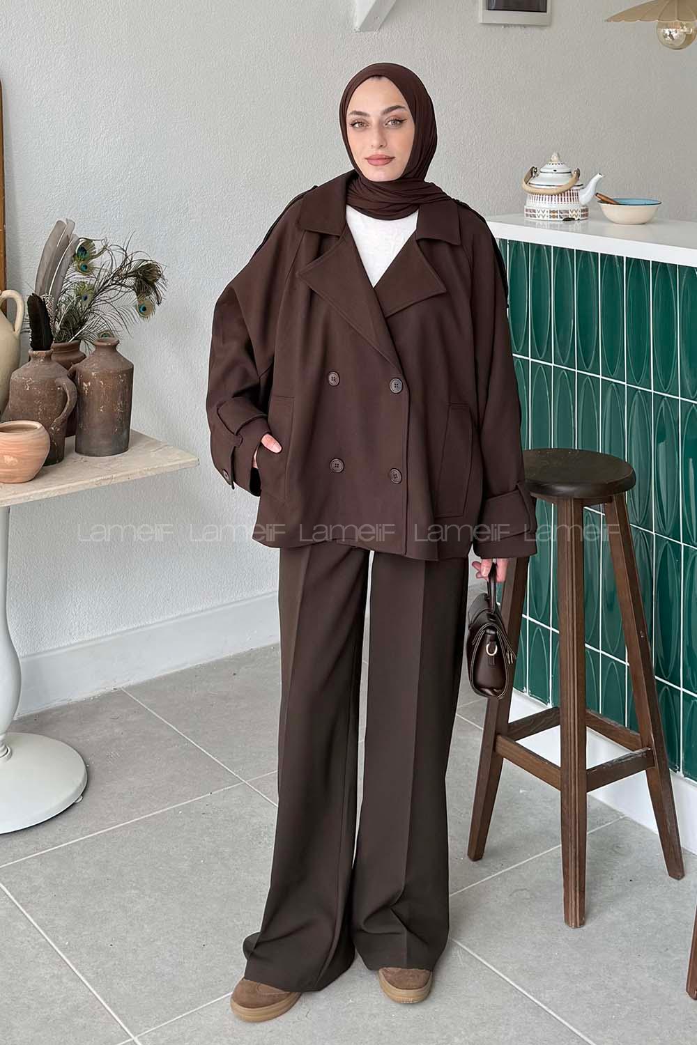 Lamelif Kruvaze Kısa Tesettür Trençkot Acı Kahve