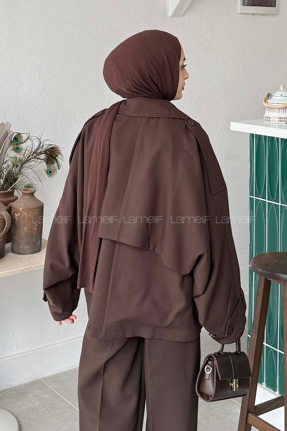 Lamelif Kruvaze Kısa Tesettür Trençkot Acı Kahve