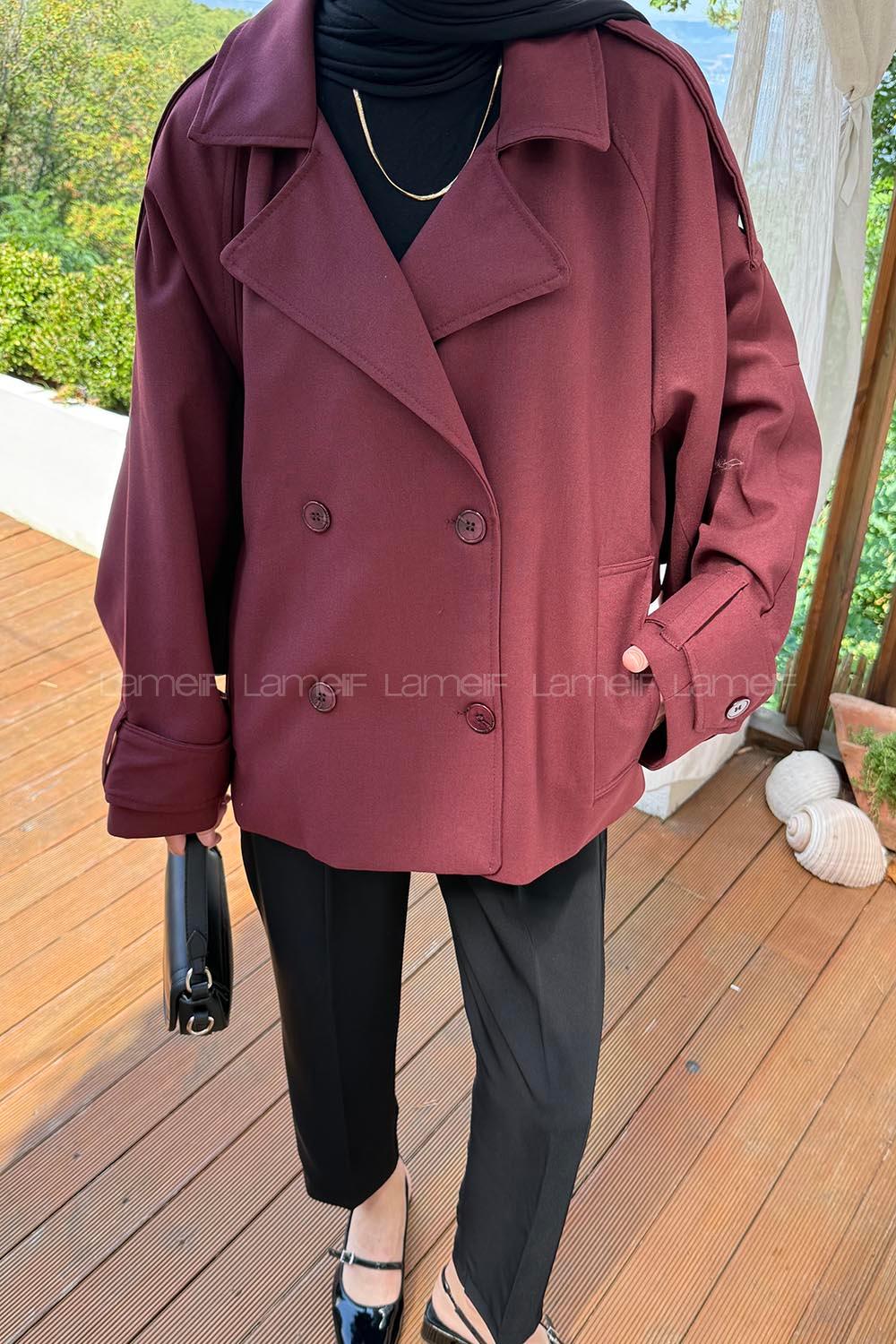 Claret Red Long Arm Viscose Fabric Elastan Polyester Trench Coat