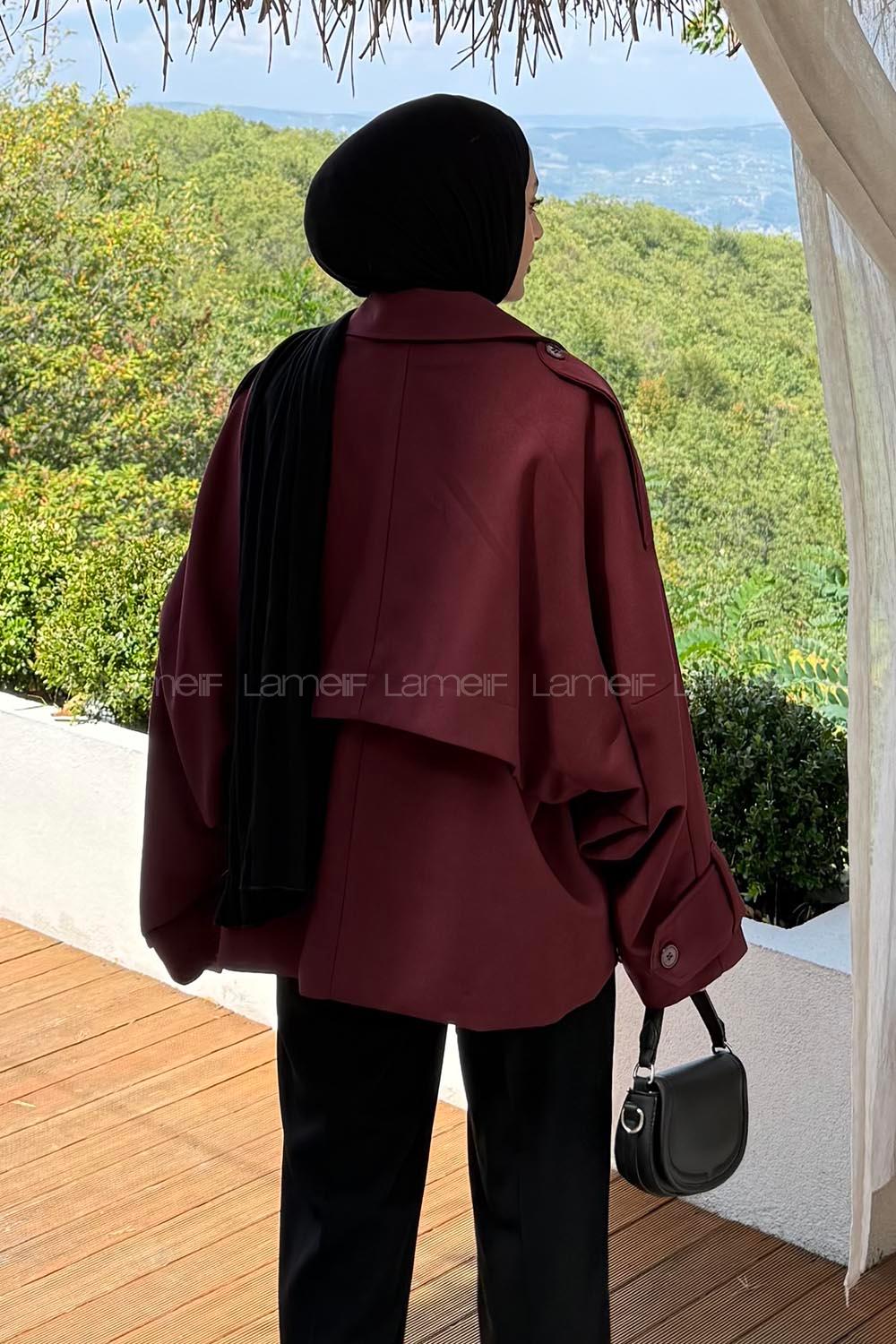 Claret Red Long Arm Viscose Fabric Elastan Polyester Trench Coat