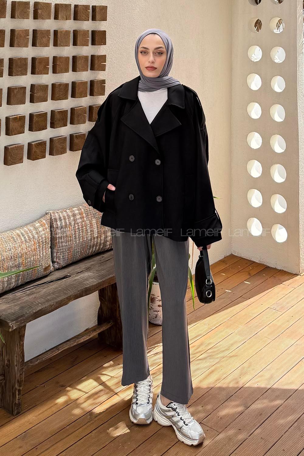 Lamelif Kruvaze Kısa Tesettür Trençkot Siyah